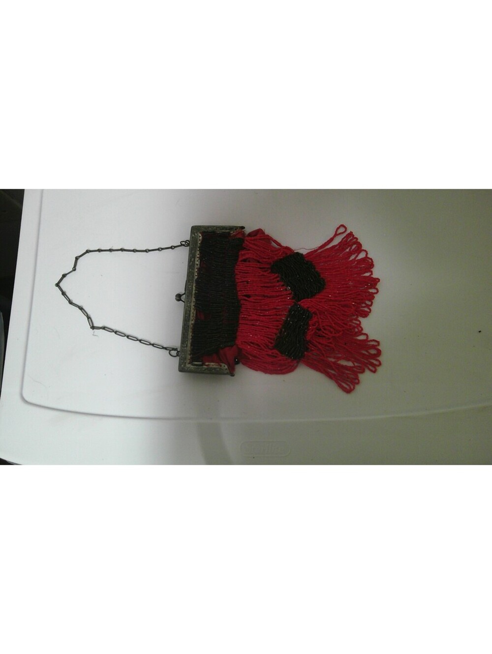 Vintage Red and Black Beaded Fringe Evening Bag with Chain Handle